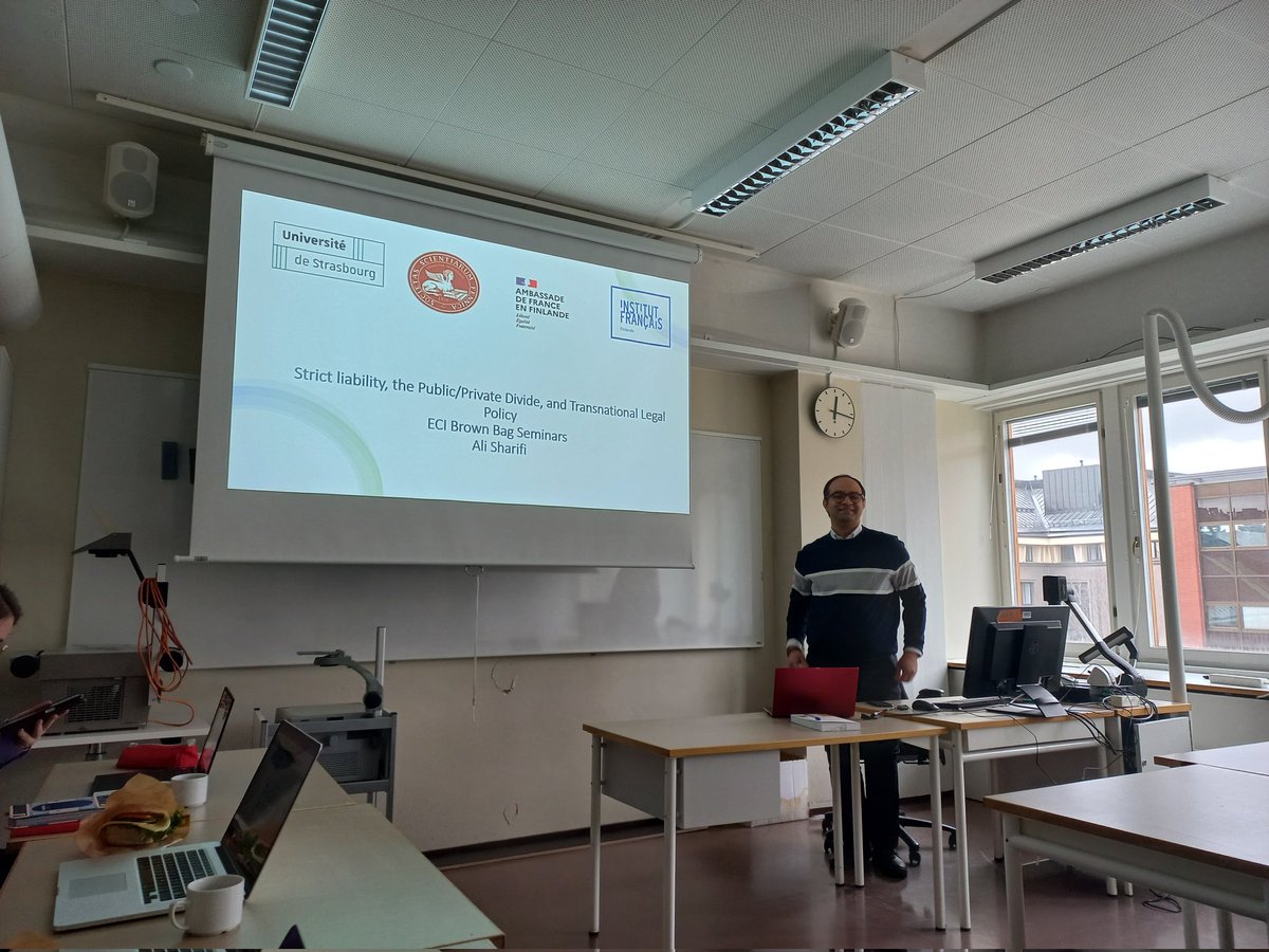 We are happy to host Ali Sharifi this spring visiting @Intlaw_eci, who is presenting his research in a Brown Bag Seminar 'Strict liability, the Public/Private Divide, and Transnational Legal Policy' today @HelsinkiLaw.