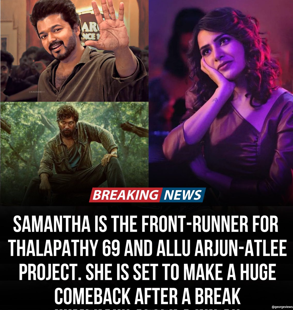 #Samantha is in talks for two biggies #Thalapathy69 & #AlluArjun-#Atlee film. A massive comeback loading for @Samanthaprabhu2 after a hiatus! 🔥