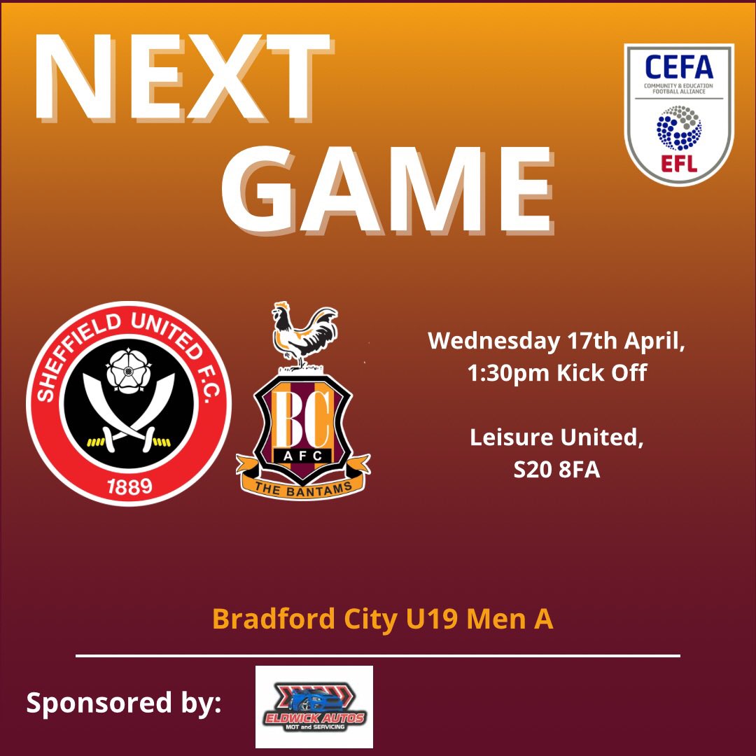 ⚽️ | FIXTURES Our U19 Men A team are back in action tomorrow as we take on Sheffield United 🤝 Good luck lads🤞 #BCAFC | @EFLCEFA