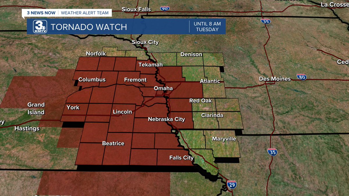 TORNADO WATCH is in effect for eastern Nebraska and far western Iowa (colored in red) through 8 am Tuesday. Review your safety plan with your family and have multiple ways to get warnings. Damaging wind, pockets of hail, and a couple tornadoes are possible. #Omaha @3NewsNowOmaha