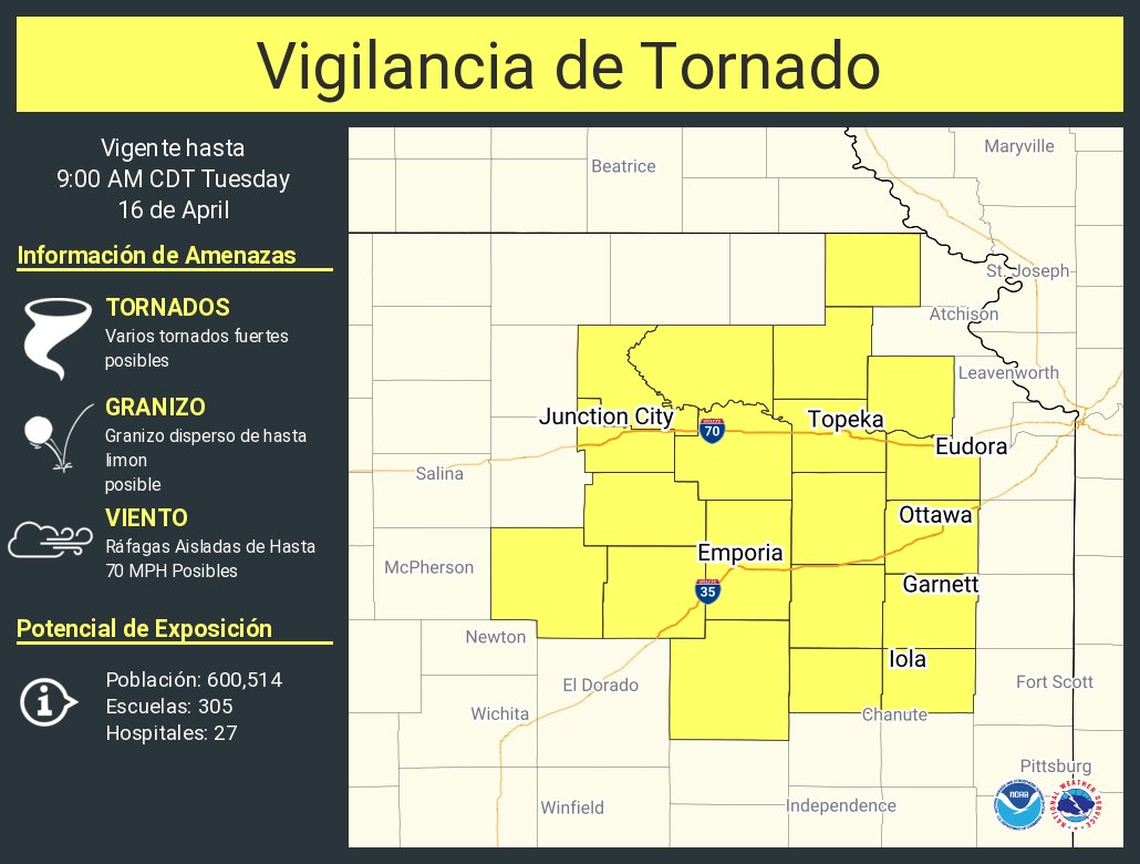 Vigilancia de Tornado ha sido emitida para partes de Kansas hasta las 9 AM CDT