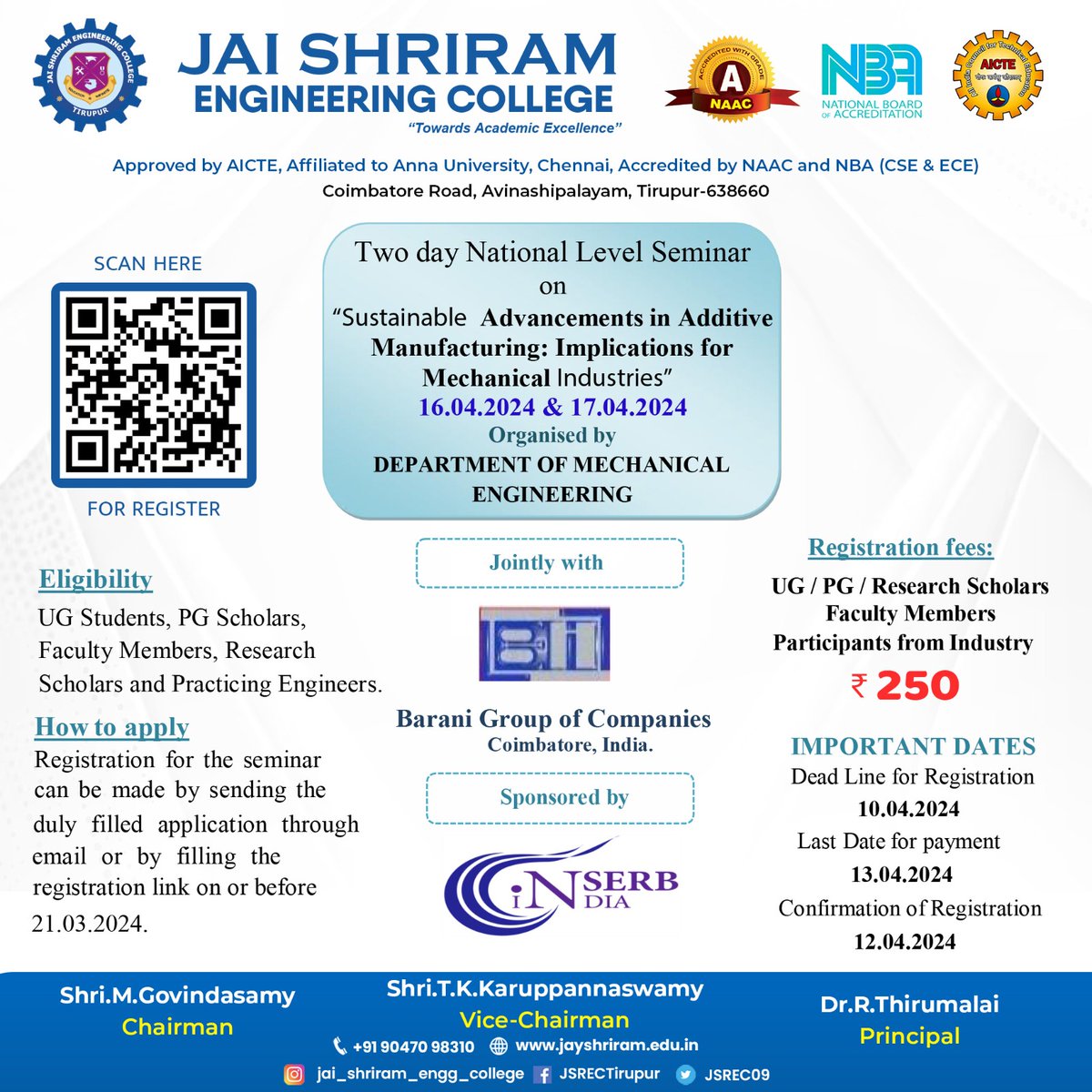 JSREC09's tweet image. Department of Mechanical Engineering Organises SERB Sponsored Two day National Seminar on Sustainable Advancements in Additive Manufacturing.

#jaishriramengineeringcollege #JSREC #college #annauniversity #engineering #student #placement #job #ece #cse #tirupur #culturals