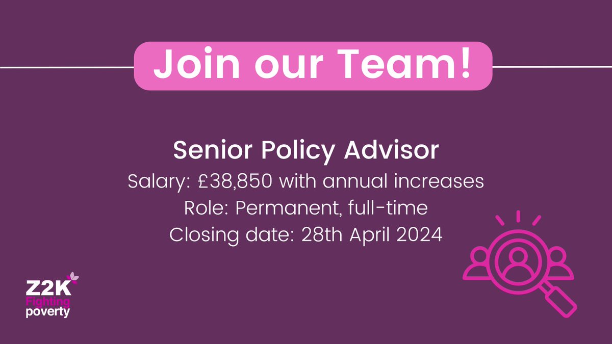 Are you committed to social justice with a good knowledge of social security? You could be our new Senior Policy Advisor! Apply here: z2k.org/job/senior-pol… #PolicyJobs #CharityJobs #CharityJob #PublicAffairs