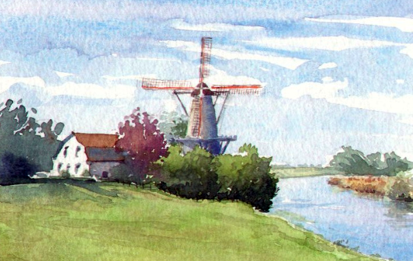 Windmolen aan de Linge. #watercolorpainting #watercolor #aquarelle #watercolour #landscaping #ArtistOnTwitter