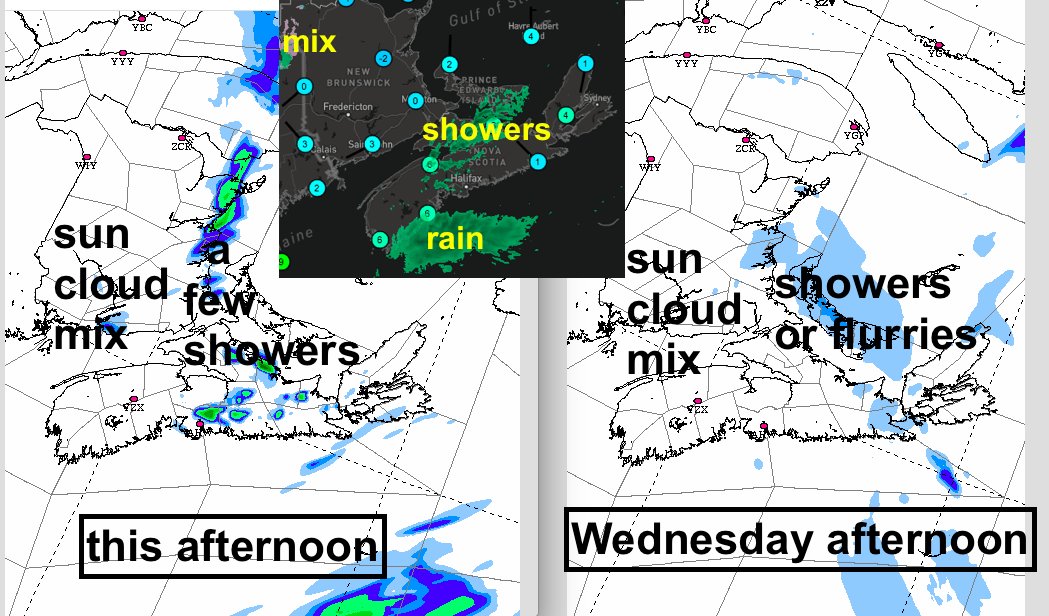 Overall a fine day with sun-cloud mix; teens in much of southern Maritimes. Patchy rain in NS this am dissipates, then a few brief but heavy showers late this aftn (pic) Cool single digits in N wind Wed; mostly sun in the west, spotty showers or flurries in the east. Fine Thu-Fri