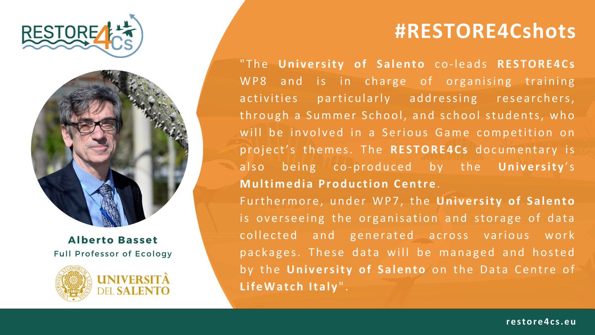 The 1️⃣2️⃣th partner featured in #RESTORE4Cshots is Alberto Basset | @unisalento ▶ Full Professor of #Ecology & WP8️⃣ co-leader 🌱 ▶ lifewatching.tv/tv-show/restor… #RESTORE4Cs #R4Cs #HorizonEU #Wetlands #CoastalWetlands #RestoreWetlands #ConserveWetlands #RestoreNature #ConserveNature