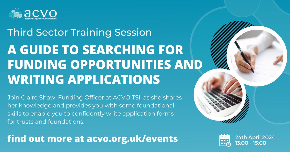 💷 Looking for help with writing funding applications & searching for opportunities? 💭 Boost your confidence & skills with our in person event with ACVO's Funding Officer, Claire Shaw... 🗓️ 24 April 🕐1pm -3pm 📍38 Castle Street #Aberdeen 🔗Book now: acvo.org.uk/event/acvo-tra…