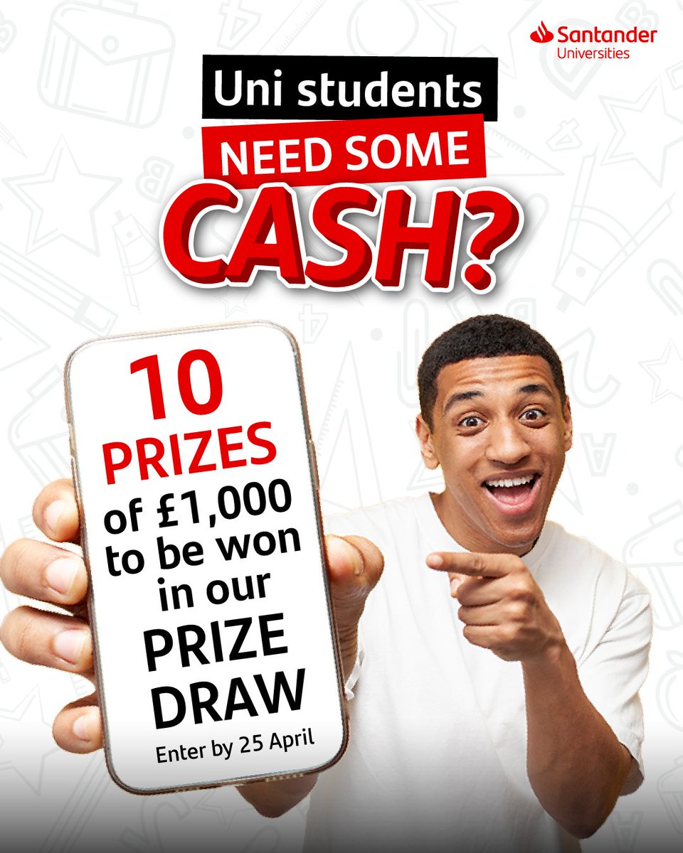 Spring into success with Santander’s new cash prize draw! Enter for your chance to win 1 of 10 cash prizes of £1,000! #10kCashPrizeDraw24

Entries close at 11.00pm on Thursday 25 April. Enter now and watch your academic future flourish! ➡️ hud.ac/rrg