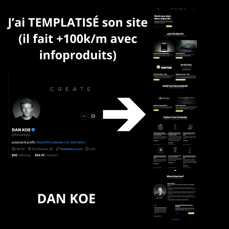 Quentin_Mkting's tweet photo. Dan Koe fait +100k/mois avec infoproduits + une audience,

Du coup je t’ai TEMPLATISÉ sa landing page,

Je risque la prison pour vous les gars merde…

Donc j’ai légèrement changé le design, je tiens à ma liberté.

⇒ Pour obtenir la template de son site,

Qu’il te suffira de dupliquer, modifier et publier.

Like + Commente “template”
(doit follow pour que je puisse te DM)

Disponible 24h

–––––––––––––––––––––––
💡 Analysons comment il fait autant de tunes via de l'infoproduit :

Premièrement il combine les 2 éléments suivants,

A) Il apporte de la valeur ⇒ Résoud un problème (soit le problème du focus et de la tune)

B) Il a de la distribution via X et YouTube où il a plus de 1M d’audience de gens relativement smart (pas des dégénérés de TikTok)

❖ Ses différentes sources de revenus (où il répond au problématiques mentionnées dans son contenu) :

→ Newsletter
→ E-book
→ Cours
→ Université

(marchent en écosystème)

–––––––––––––––––––––––
❖ Maintenant étudions la structure de sa LP :

1° Mécanisme unique + à qui il s’adresse + CTA vers sa newsletter (qu’il monétise comme jaja)
2° Copywriting, “Join the 1%”, il donne une raison de le suivre et de consommer son contenu
3° x4 offres de produits digitaux différents pour couvrir l’intégralité de la demande

Car différents types de personnes aiment apprendre via différents supports il les fait tous :

- E-book
- Planner
- Cours
- Université

Et si quelqu’un achète un de ces produits, il va probablement en acheter un autre...

4° Puis il a un blog, où il a ses ressources écrites qui marchent le mieux
5° Puis il a une sorte de bio qui renvoie sur tous ses liens

–––––––––––––––––––––––
Si tu souhaites monétiser tes infoproduits via une landing page qui convertit.

Tu peux venir discuter en DM :)