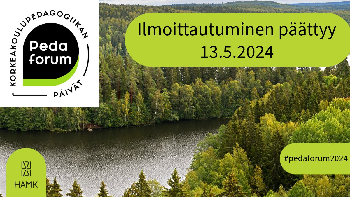 Ilmoittautuminen tapahtumaan sulkeutuu 13.5.2024.
Vielä ehdit varmistaa paikkasi tapahtumassa.
Ilmoittautumaan pääset klikkaamalla alla olevaa linkkiä ⬇️
tapahtumat.hamk.fi/pedaforum2024