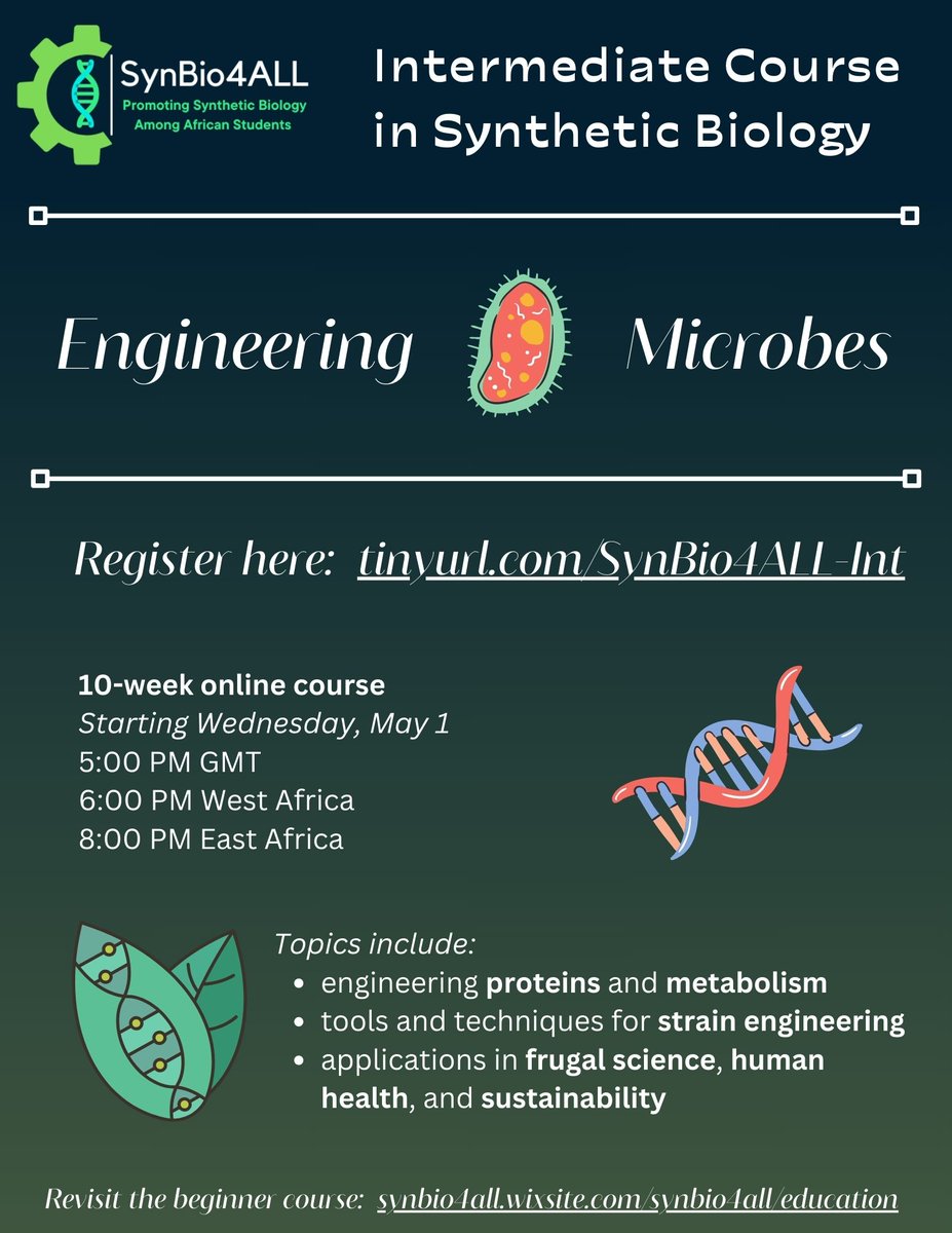 Learn synthetic biology for free! Join SynBio4ALL Africa's intermediate course starting May 1, 2024. Dive into designing proteins, metabolism, and more. 10 weeks of lectures, homework, and a final project. Register by April 29: tinyurl.com/SynBio4ALL-Int. synbioforall@gmail.com.