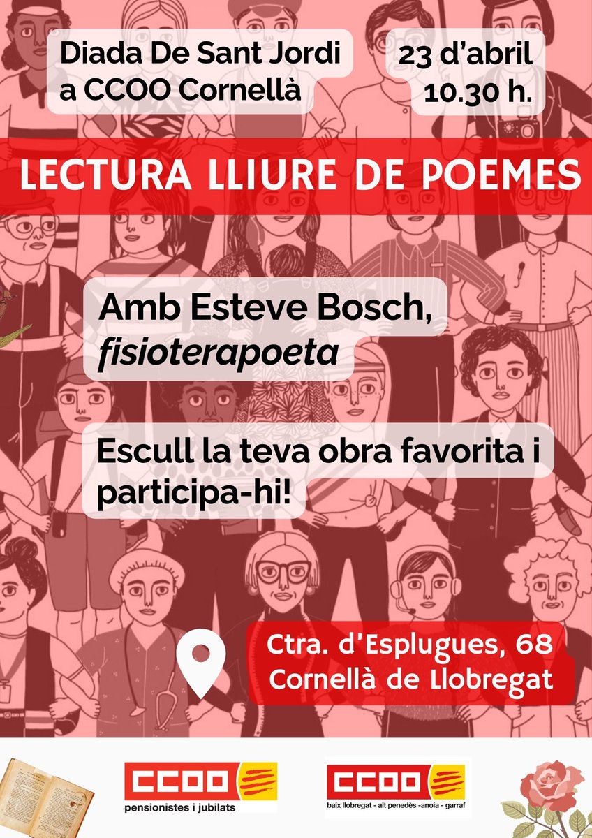 📕Aquest #SantJordi2024, acompanya'ns llegint poesia a la seu comarcal de CCOO #Cornellà.
🌹Hi intervindrà @fisioterapoeta, company de @CCOOsanitat 
🐲PARTICIPA RECITANT LA TEVA LECTURA‼️
@FJubilatsCCOO 
@ccoocatalunya