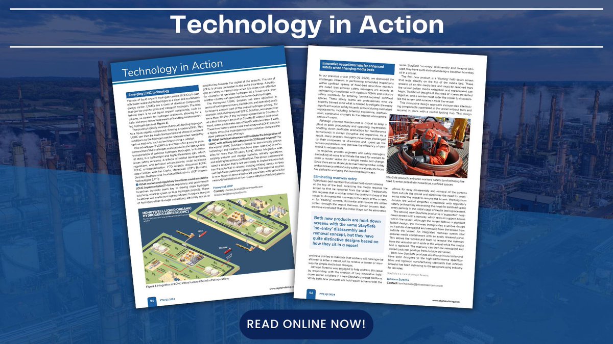 📰New articles in our Technology In Action feature - PTQ Q2. Emerging LOHC technology by @honeywell.
👉Read HERE: ptqmagazines.digitalrefining.com/view/747650962…
💻Download a digital copy of PTQ Q2: ptqmagazines.digitalrefining.com/view/747650962/

#hydrogen #emissionsreduction #alternativefuels #gasandoil #petrochemical
