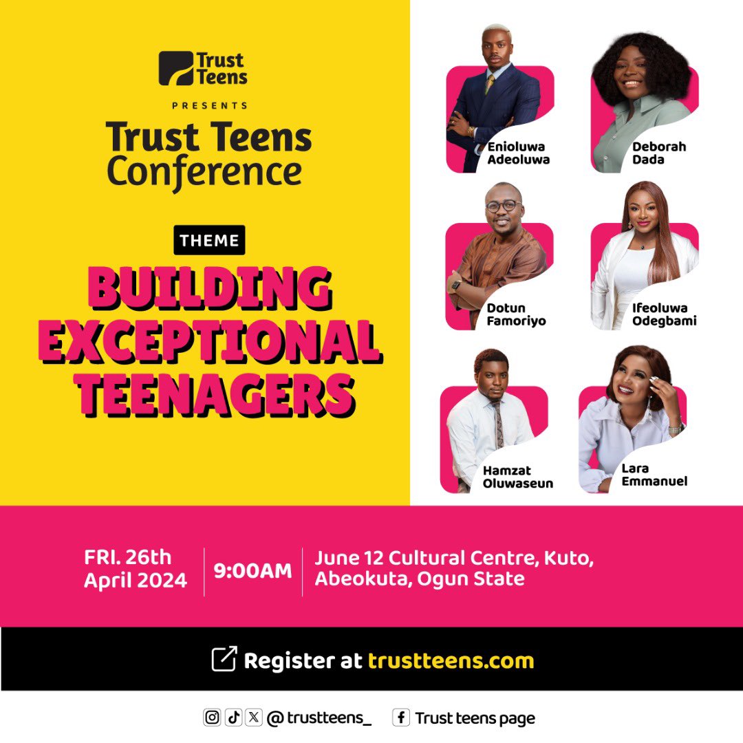 Secure a spot for a teenager by registering at trustteens.com 

Let's make a difference together! See you at the Trust Teens Conference! 🚀

You don’t wanna miss this! 🌚