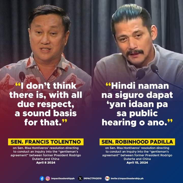 TOLENTINO, ROBIN OPPOSE RISA'S CALL FOR PROBE INTO DUTERTE-CHINA 'GENTLEMAN'S AGREEMENT' 👊🐶 PDP-Laban senators Francis Tolentino and Robinhood Padilla disagree with Sen. Risa Hontiveros' call for an inquiry into the 'gentleman's agreement' between FPRRD and China.