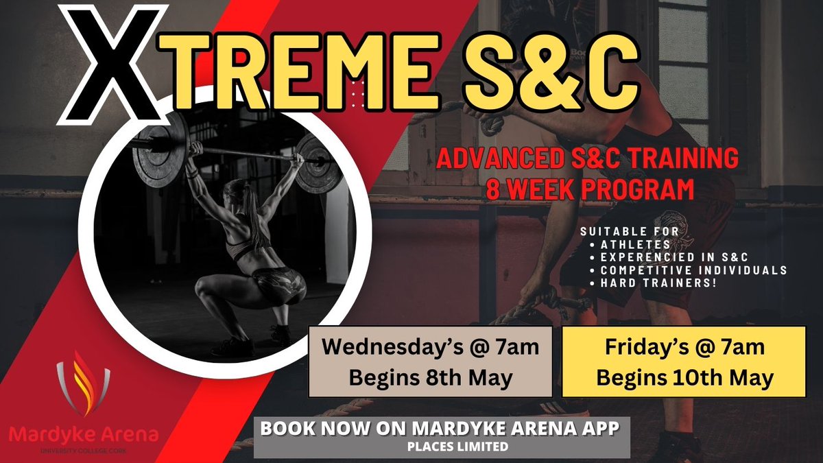 MardykeArenaUCC's tweet photo. **Now Available to Book**
-8 Week S&amp;C Programs
- 3 x Program Options
- Book Now on Mardyke App
 - Places Limited https://t.co/LjvPVHl0fX