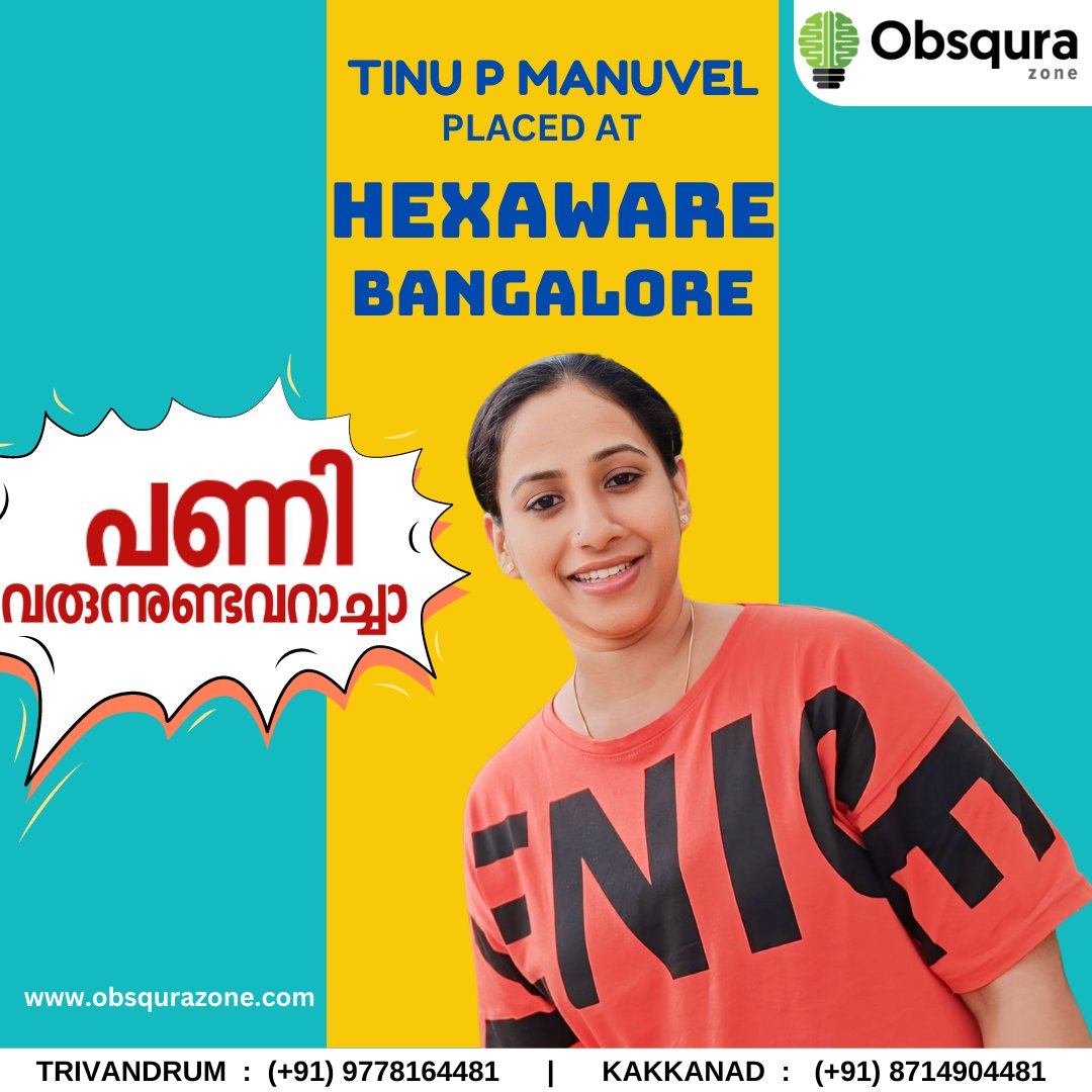 💐Congrats, Tinu for your new Career as System Analyst - Hexaware Technologies, Bangalore 📲For more info please contact: 📍Trivandrum Call/WhatsApp:(+91) 9778164481 📍Kakkanad Call/WhatsApp:(+91) 8714904481 #Placement #Congrats #ObsquraZone