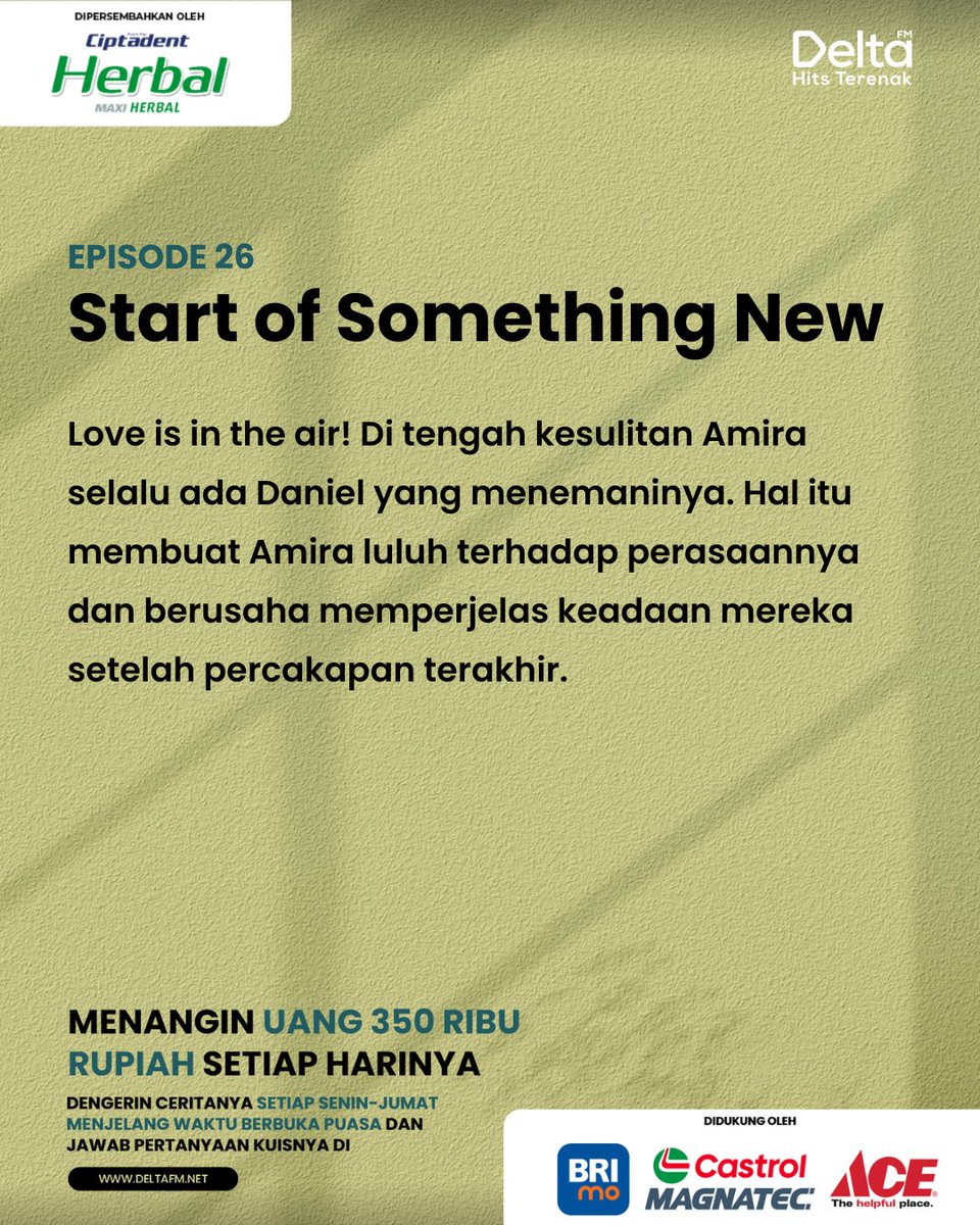 350 ribu auto masuk kantong kamu yang beruntung dan bisa jawab pertanyaan episode kali ini dengan benar &amp; tepat!

Kenapa dress Amira bisa robek?
A. Kesangkut paku
B. Kegunting

Jawabnya di deltafm.net yaa! Semoga kamu yang beruntung~ ✨

#TheStories4
#TheStories