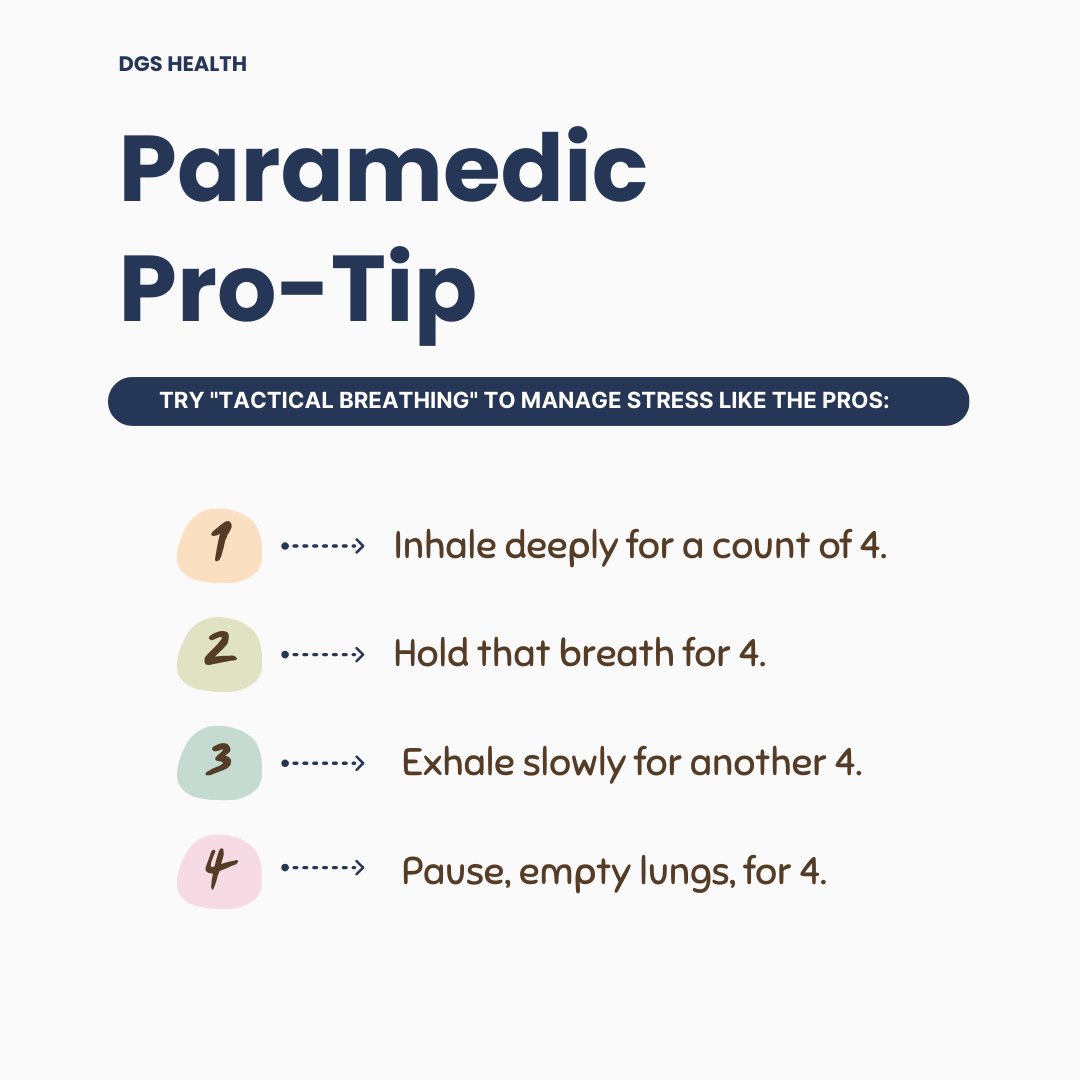During #StressManagement Month, our Paramedic Pro Tip from #DGSHealth focuses on Tactical Breathing—a crucial technique to manage stress like the pros. Learn how controlled breathing can help you stay calm and focused under pressure! #TacticalBreathing #WellnessTip #Stress
