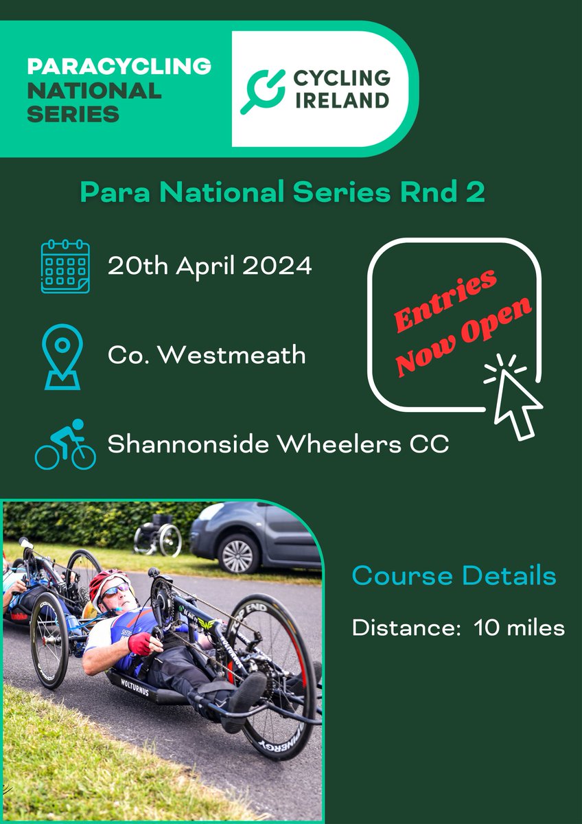 𝐏𝐚𝐫𝐚-𝐜𝐲𝐜𝐥𝐢𝐧𝐠 𝐍𝐚𝐭𝐢𝐨𝐧𝐚𝐥 𝐒𝐞𝐫𝐢𝐞𝐬 𝐑𝐨𝐮𝐧𝐝 𝟐 The second round of the Para-cycling National Series will take place in TUS Athlone this Saturday, 20th of April. Registration will be at N37 X4P9. Click below to enter: eventmaster.pulse.ly/rhqolhasnn