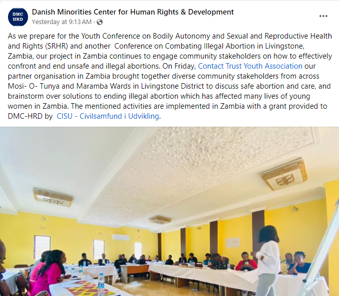 DMC-HRD- Danish Minorities Center for Human Rights (@aobservers) on Twitter photo As we prepare for the Youth Conference on Bodily Autonomy and #SRHR  and another Conference on Combating Illegal Abortion in Livingstone, #Zambia, our project in Zambia continues to engage community stakeholders on how to effectively confront and end unsafe and illegal abortions. As we prepare for the Youth Conference on Bodily Autonomy and #SRHR  and another Conference on Combating Illegal Abortion in Livingstone, #Zambia, our project in Zambia continues to engage community stakeholders on how to effectively confront and end unsafe and illegal abortions.