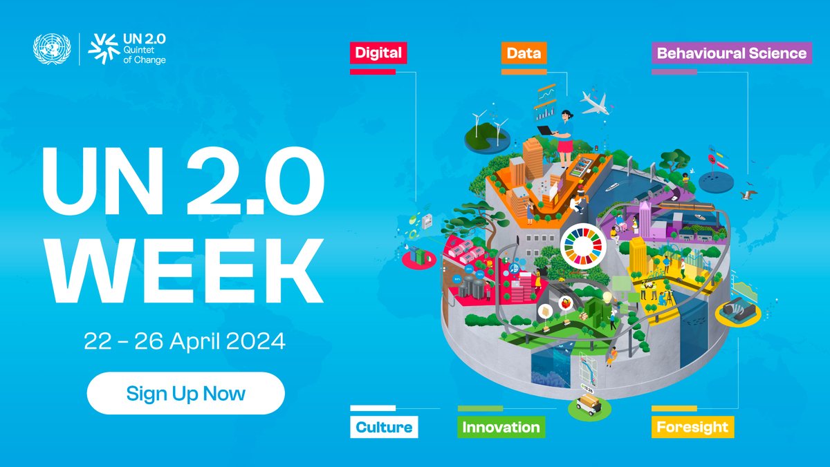 UN 2.0 Week is happening next week from April 22nd to 26th. Reserve your spot now at un-two-zero-week.org. You'll get to hear from over 40 speakers from 30+ UN organizations, including @UNGlobalPulse, @UNICEF, @UN_Women, @WFP, @FAO, @UNSSC, and many more.