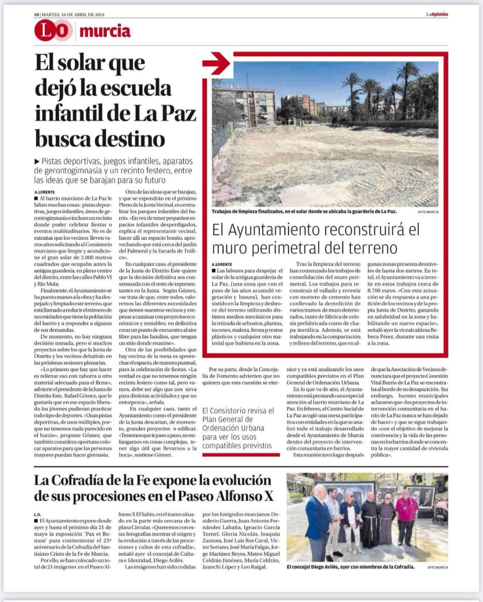 👷🏼‍♀️Más de 3.000 m2 están siendo habilitados para la creación de nuevas instalaciones en el barrio de La Paz. Gracias al <a href="/AytoMurcia/">Ayuntamiento de Murcia</a> y a nuestros concejales <a href="/Ppguillenparra/">Pepe Guillén Parra</a> <a href="/MerBernabe/">Mercedes Bernabé</a> <a href="/Rebepl/">Rebeca Pérez</a> convertiremos este espacio en un nuevo y moderno punto de encuentro para nuestros vecinos