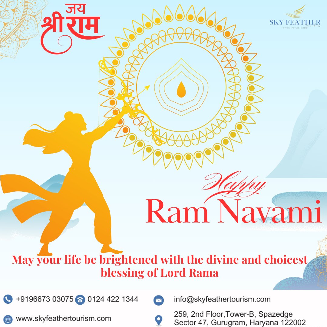 🌼🕉️ Wishing you a joyous Ram Navami filled with blessings, peace, and prosperity! 🙏
 Let's celebrate the birth of Lord Rama with love, unity, and devotion. May this auspicious occasion bring happiness to your heart and harmony to your home.  

#skyfeathertourism #RamNavami