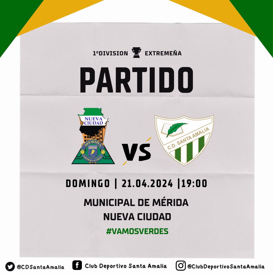 CDSantaAmalia's tweet photo. ⚽️ Jornada 2️⃣2️⃣ ⚽️

¡Último partido de liga! 

🗓️ Domingo 21/04
⏱️ 19:00
🆚 @CDNUEVACIUDAD 
🏟️ Municipal de Mérida Nueva Ciudad 

¡Vamos Verdes! 💪🏽🟢 https://t.co/yrkjYkhdO7