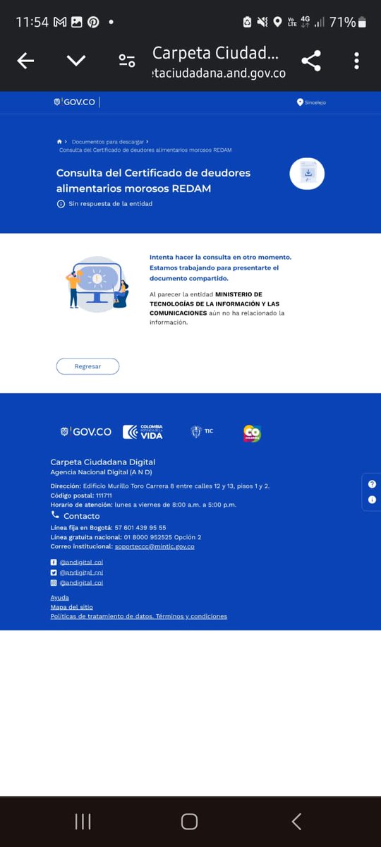 AngelRGomezG's tweet photo. @MauricioLizcano @Ministerio_TIC Ya envié un correo electrónico manifestando la falla en el sistema, por favor ayudar ya que están solicitando este documento ( Certificado REDAM). colaboren!!! @CaracolRadio @petrogustavo @mo https://t.co/tBSQAmL2DU