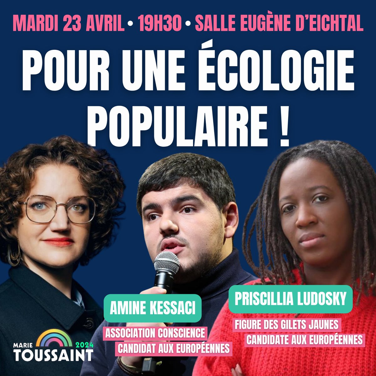 📣 Rendez-vous mardi 23 avril pour parler Écologie Populaire ! Nous accueillerons @kessaciamine1, fondateur de l’association Conscience, et @PLudosky, activiste et figure des Gilets Jaunes. Ils sont candidats aux européennes avec @marietouss1 🇪🇺 #LesEcologistes #Europeennes2024