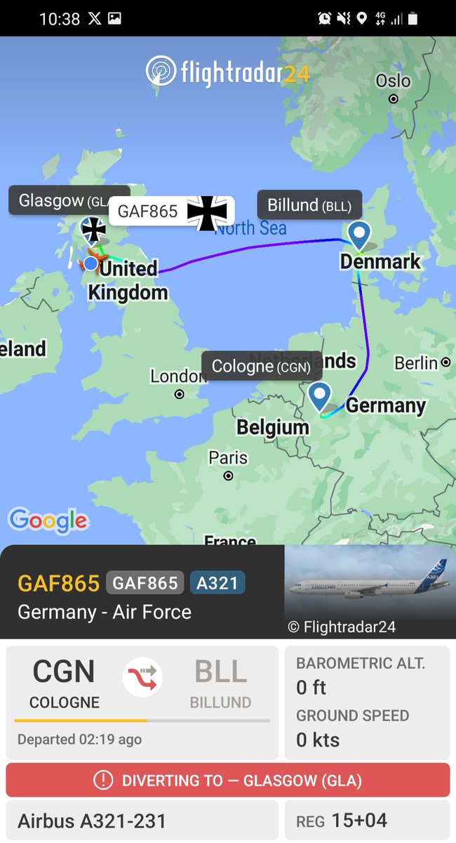 🇩🇪 German Air Force diverting to Glasgow. Not sure why.

#GAF865 15+04 from Cologne to Billund fr24.com/GAF865/34cb5581