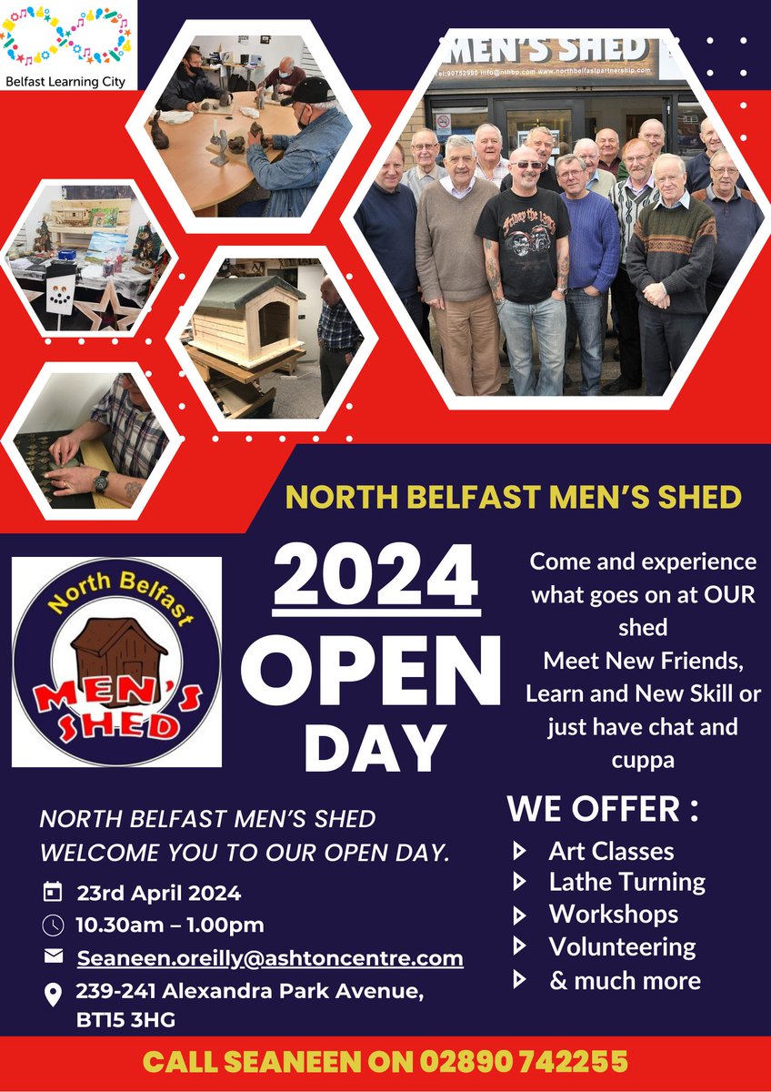 North Belfast Mens Shed are having an 𝐎𝐩𝐞𝐧 𝐃𝐚𝐲 on April 23rd 2024! Come along & experience what goes on at a Men's Shed. Meet new friends, learn new skills or just have a chat & cuppa ☕️☕️ Further details in 📷 #MensShed #WellBeing