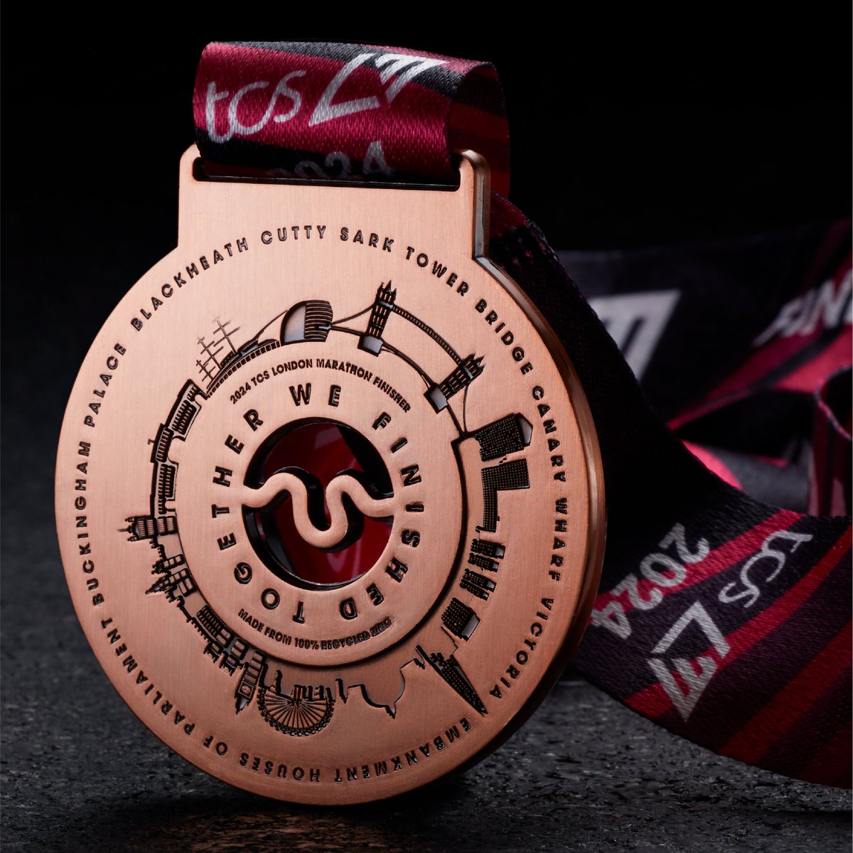 The moment you've all been waiting for... Presenting your 2024 TCS London Marathon medal. 🏅 Made from recycled zinc, embossed with braille and showcasing the city’s iconic skyline, this design is the last of a trilogy that champions what London is all about!