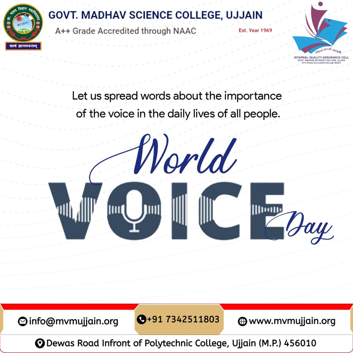 Greetings from Govt. Madhav Science College Ujjain  
 #WorldVoiceDay #VoiceMatters #CelebrateYourVoice #ProtectYourVoice #HealthyVoice #ExpressYourself #VocalHealth #VoiceCare #FindYourVoice #LoveYourVoice #VoiceIsPower #SpeakUp #SingOut #RaiseYourVoice #VoiceOfChange