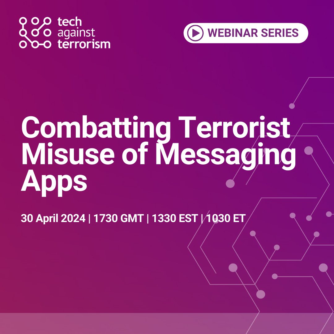 techvsterrorism's tweet photo. 💻 Webinar | Combatting Terrorist Misuse of Messaging Apps

 In this webinar, we will examine the challenges raised by poorly-regulated messaging apps which facilitate terrorist communication and the dissemination of propaganda. 

https://t.co/AQF4pKOvbh https://t.co/sJGlhai3JW