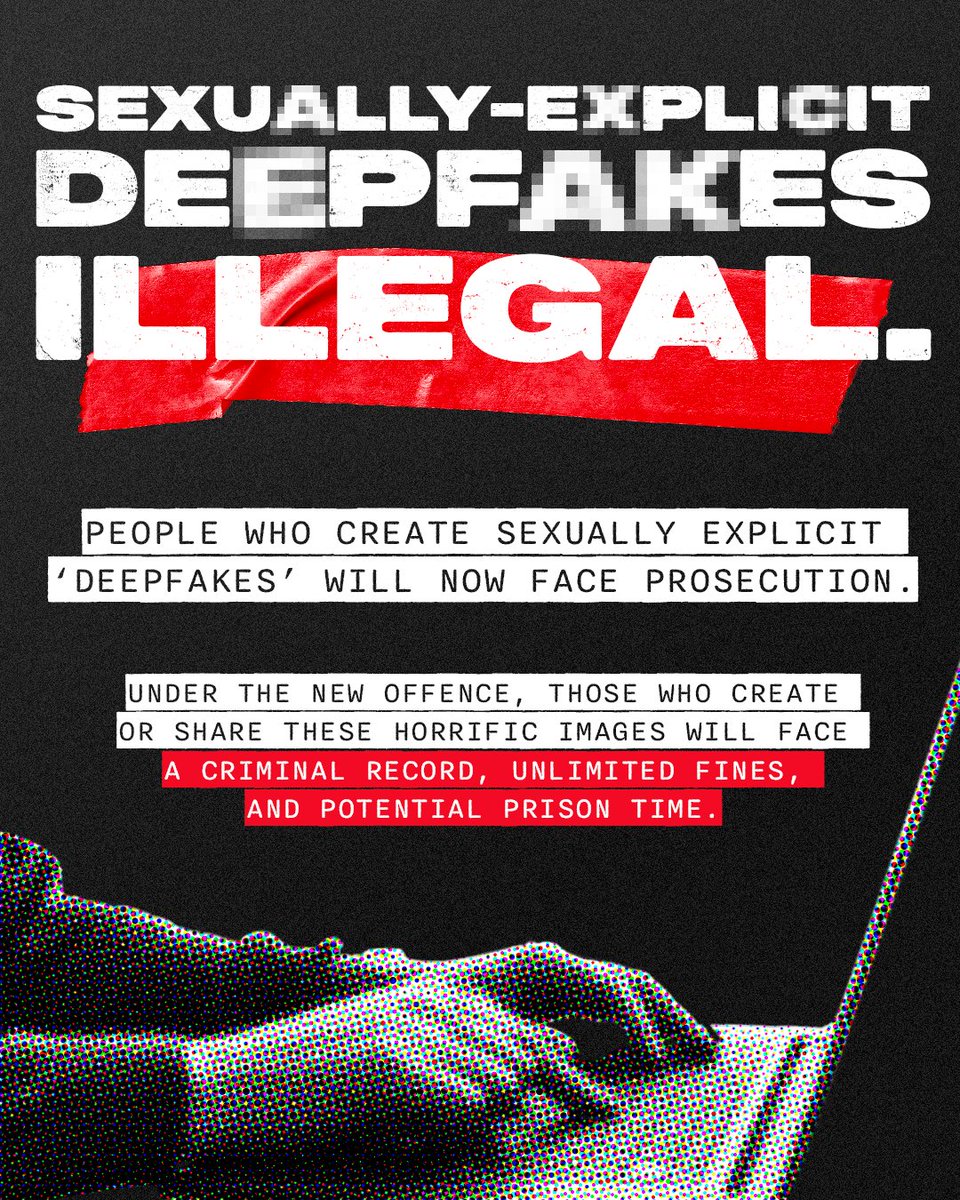 Vile degenerates who make sexually explicit deepfakes will now face the full force of the law. This is just one part of our plan to protect women and children by making the UK the safest place in the world to be online.