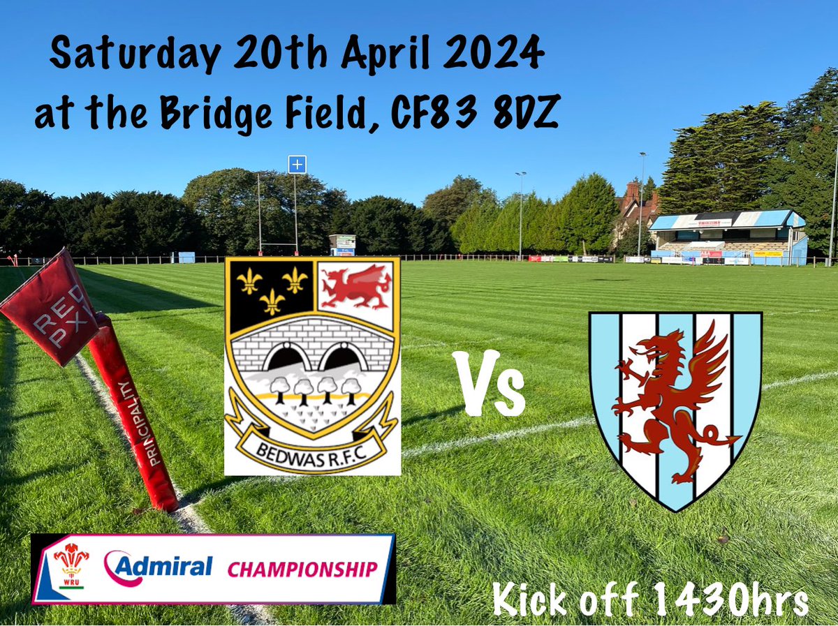 ⏳🏉 💙🖤🤍
Don’t miss the #MIGHTYWands @GlamWandsRFC 22nd, and final, League fixture for the 2023 / 24 season:

🏆  Admiral Championship East
🆚  @bedwasrfc 
🗓  Sat 20 April 2024
⏰  1430hrs
🏴󠁧󠁢󠁷󠁬󠁳󠁿  Bridge Field, Bedwas Road, Bedwas, CF83 8DZ
📌  bedwasrfc.co.uk/634-3