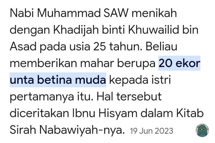 💚 krn musim nikah tiba2 jadi kepikiran dulu mahar Nabi Muhammad ke Khadijah r.a aku kaget dgn jumlahnya 😭 (Gak punya buku jadinya aku lihat Gugel)