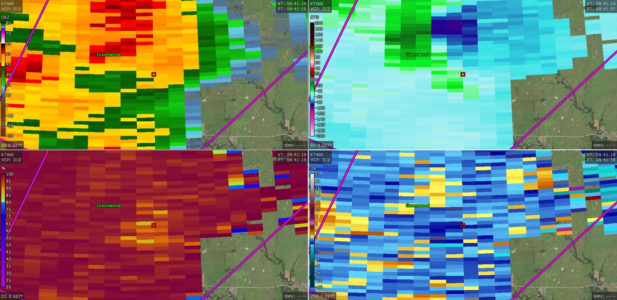 This is the correct placement for a tornado with this supercell in Greenwood Co, Kansas. While the LLC (low-level circulation) might be hidden in the lowest tilt, there is quite a deep TDS (tornado debris signature) visible from KICT, as well as KTWX. A tornado was on the ground.