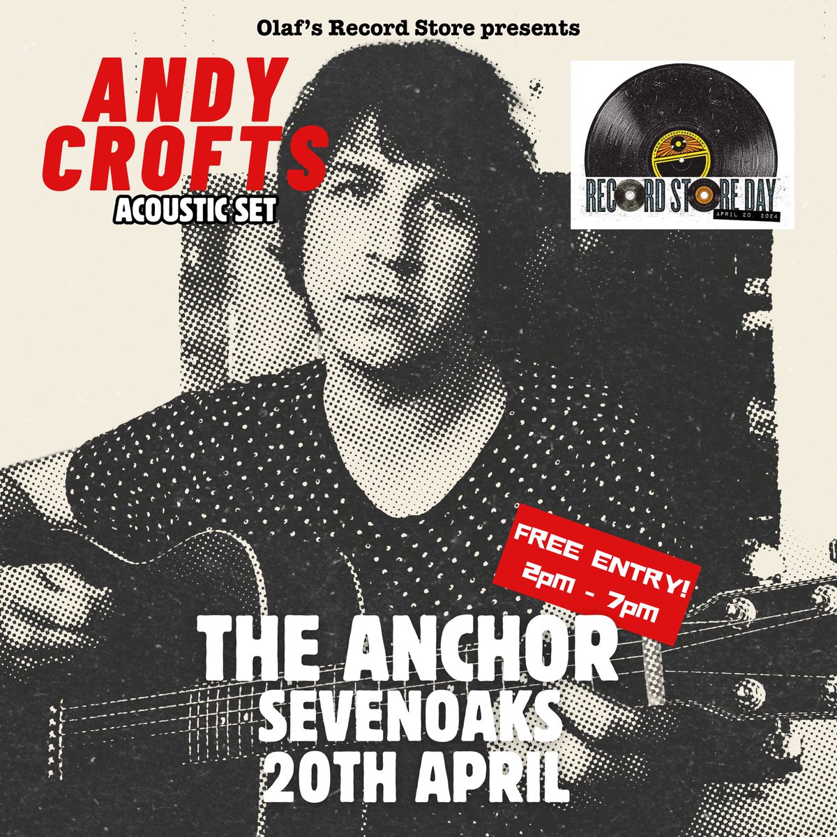 This Saturday 20th April (Record store day) I will be playing a FREE acoustic show for @OlafsRecordStor at The Anchor in Sevenoaks. There will be live music all day. I’m on at 2.50pm FREE ENTRY. Come say hello x