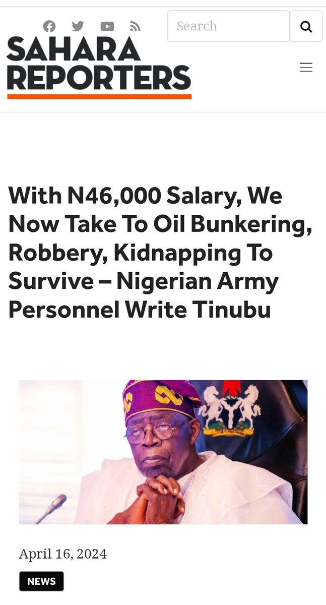 With N46,000 Salary, We Now Take To Oil Bunkering, Robbery, Kidnapping To Survive – Nigerian Army Personnel Write Tinubu

 saharareporters.com/2024/04/16/n46…