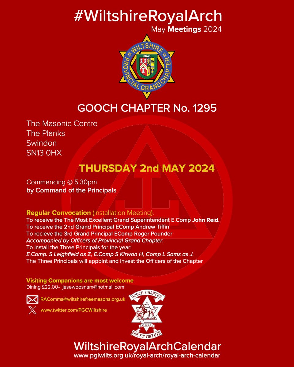 #WiltshireRoyalArch Meetings-May-2024. Gooch Chapter No. 1295. Thursday 2nd May @ 5.30pm. The Masonic Centre, The Planks, Swindon SN13 0HX. Visiting Companions are most welcome to attend #RoyalArch @wiltspgl @pgcWiltshire