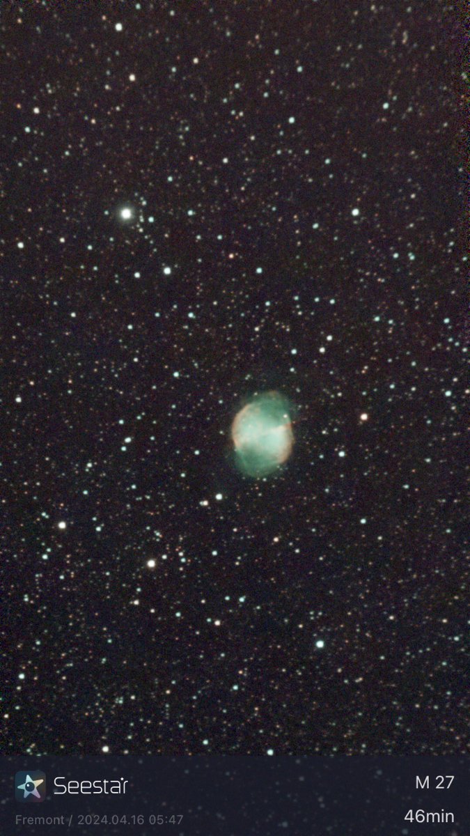 About 45 minutes of stacked up 10 second photos of the Dumbbell Nebula. Taken just now. Excited that once I can afford a business ReStream subscription. I should be able both livestream real time imaging. And live or prerecorded music simultaneously!