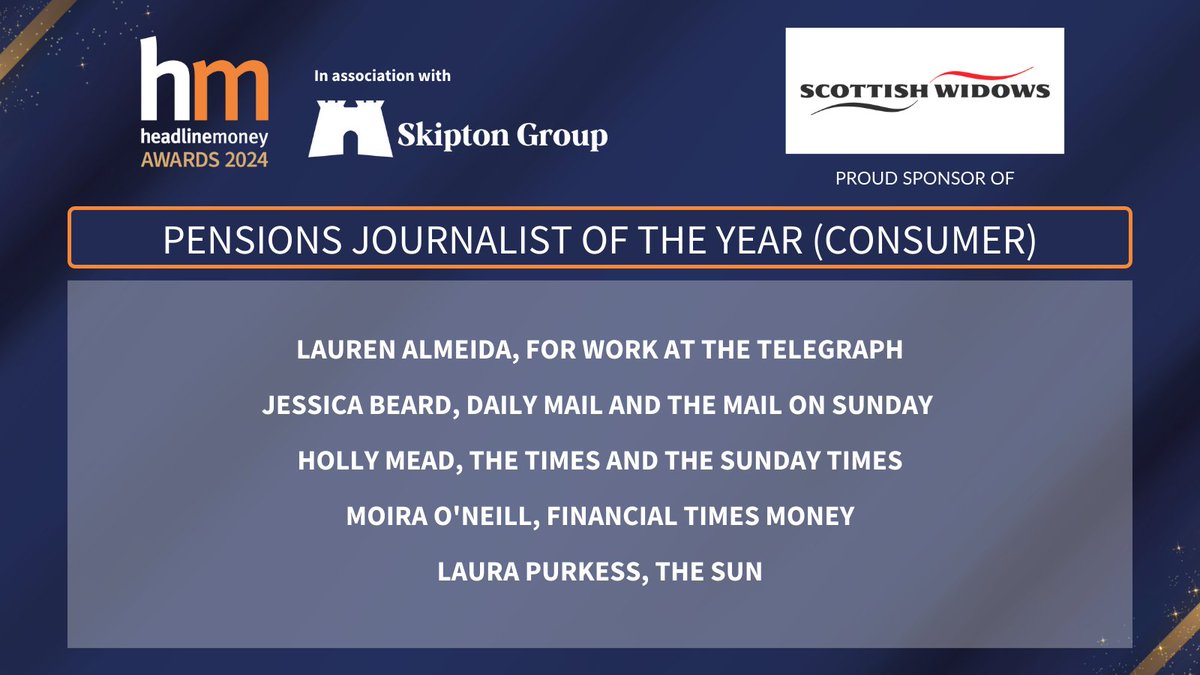 And in Pensions Journalist of the Year (Consumer), sponsored by @ScottishWidows, congratulations go to @laurenalmeida_l, @Jessica__Beard, @holly_mead_, @MoiraONeill & @laurapurkess 👏 tinyurl.com/dxtr4nt8