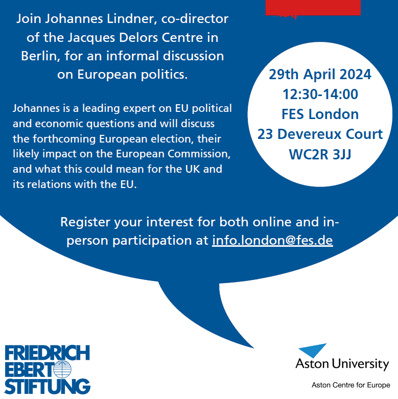 Join us for a session on European politics with guest speaker @LindnerJS from @DelorsBerlin. Limited seats available for this event hosted together with @Aston_ACE. Don't miss the discussion on EU elections, policy priorities, and UK-EU relations. Register now.