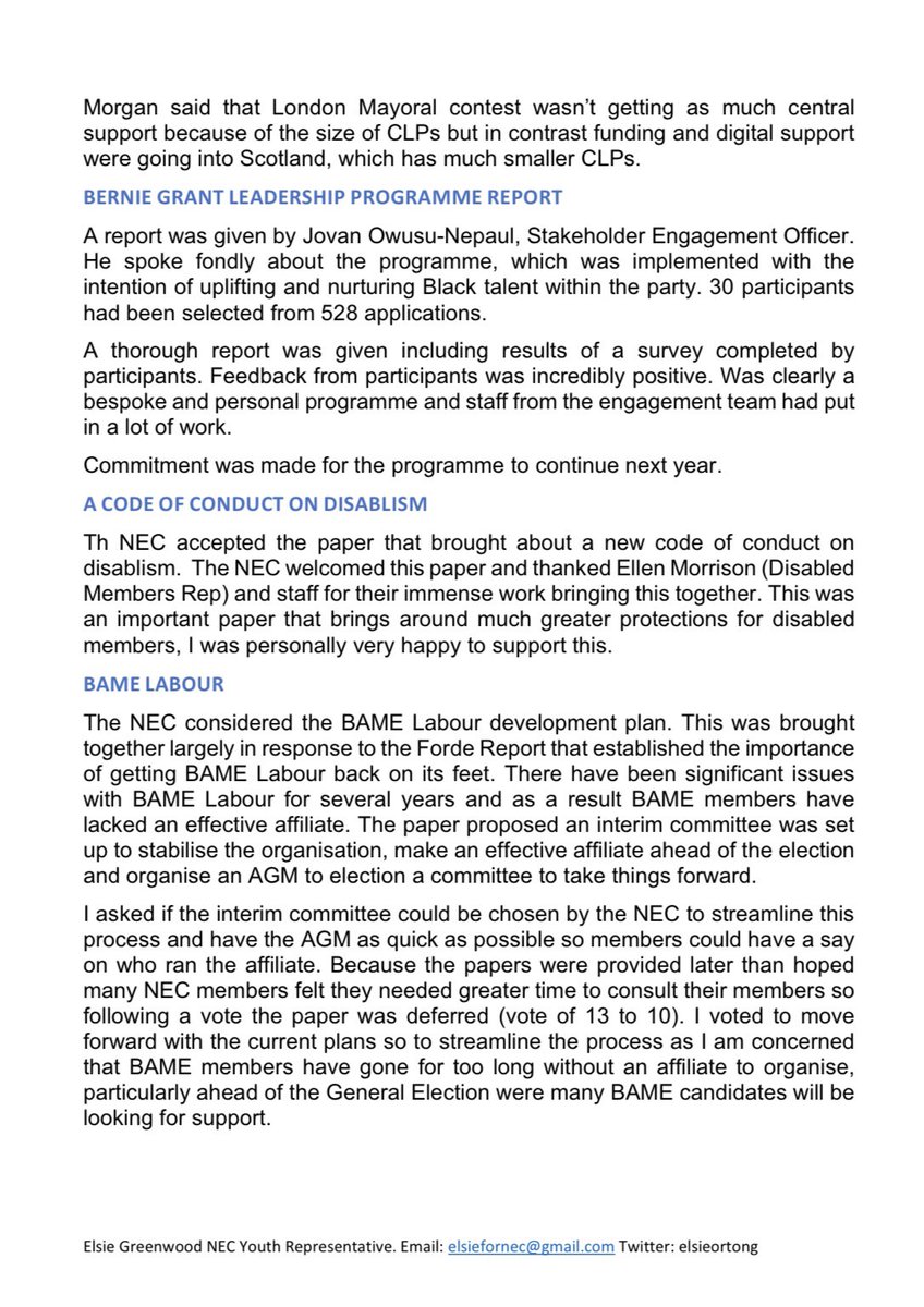 My latest @UKLabour NEC Report 🚨 Please see my report of the meeting below. Highlights: 📃: Code of Conduct on disablism, BAME Labour & Bernie Grant Programme 🌹: Leader’s Report 🗳️: Local Election campaign