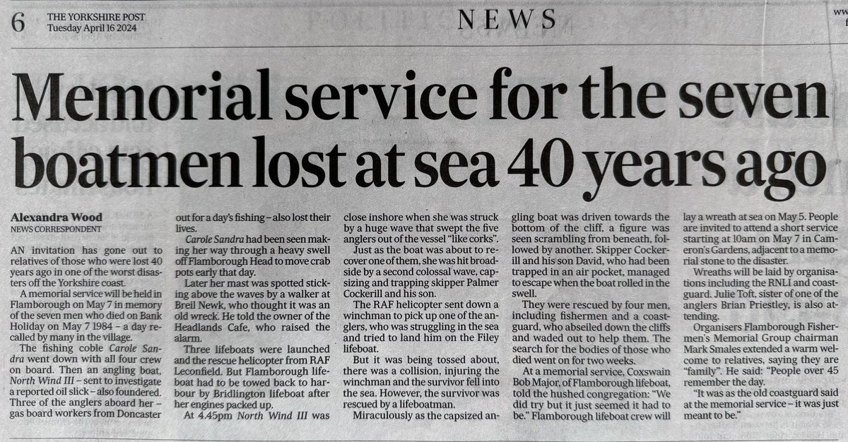Today’s article in @yorkshirepost (thanks Alex) PLEASE repost we need people to attend this service. #wewillneverforget #fishingdisaster if you need anymore information please DM me. Thank you.