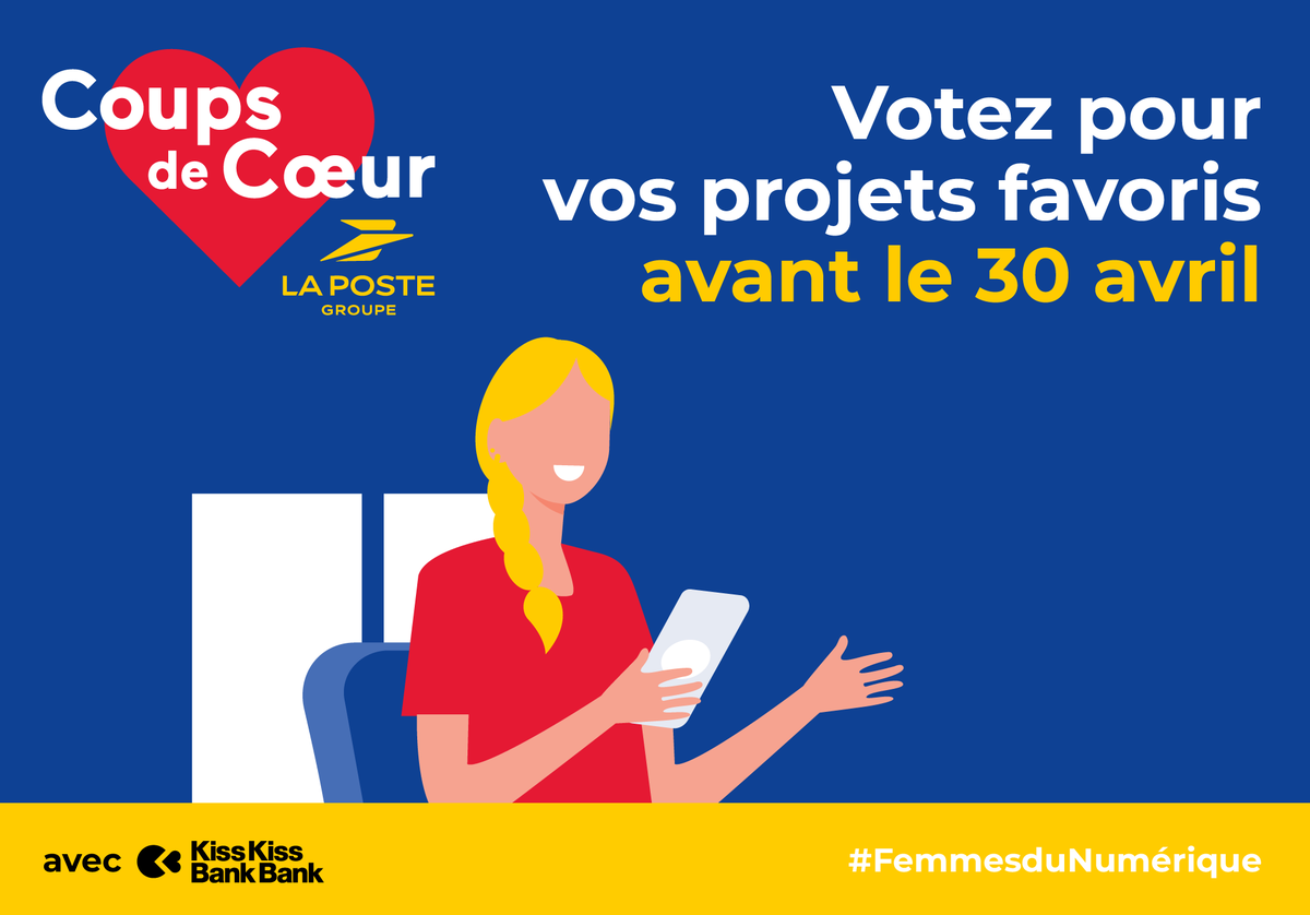 👩‍💻 [#Engagement] La Poste, engagée en faveur de la place des femmes dans le numérique, porte la 6ème édition des Coups de Cœur #FemmesduNumérique qui encourage des initiatives innovantes portées par des femmes entrepreneures. Votez jusqu’au 30.04 : lc.cx/s9rSD2