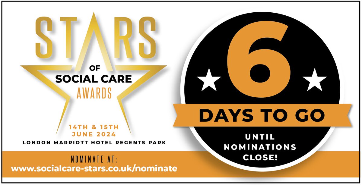 6 DAYS to go before nominations close for 🌟 JOSIE GIBSON’S 🌟 Stars of Social Care Awards! Don’t delay .. get your nominations in at at bit.ly/3iuvXCW A duo of 2 glittering events for the home care & care home sector place 14 & 15 June 2024 #SocialCare…